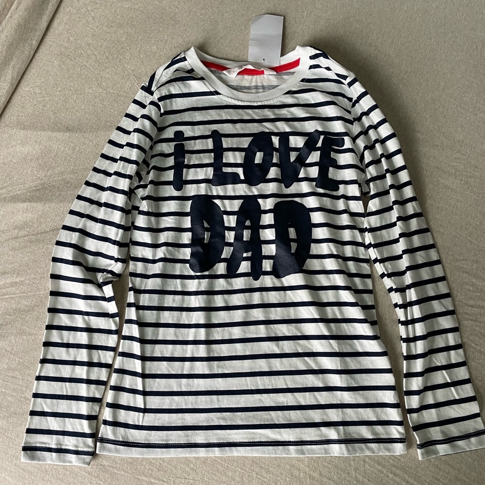 NWT H&M Girls White and Blue Stripped Long Sleeve Shirt with I Love Dad Size 8